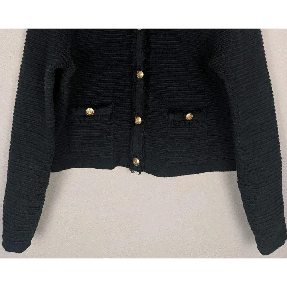 J. Crew Emilie Sweater Lady Jacket Textured Cotton Fringe Gold Buttons Black L